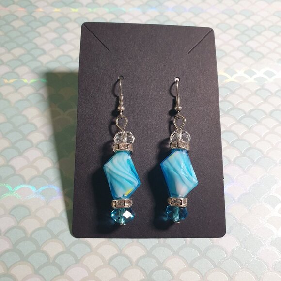 Vintage Earrings Blue White Swirled Dangle Crystal Rhinestone Women Formal Hook - Picture 1 of 3
